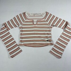 Roxy Waffle Knit Crop Top XS White Striped Notch Neck Long Sleeve Raglan Thermal